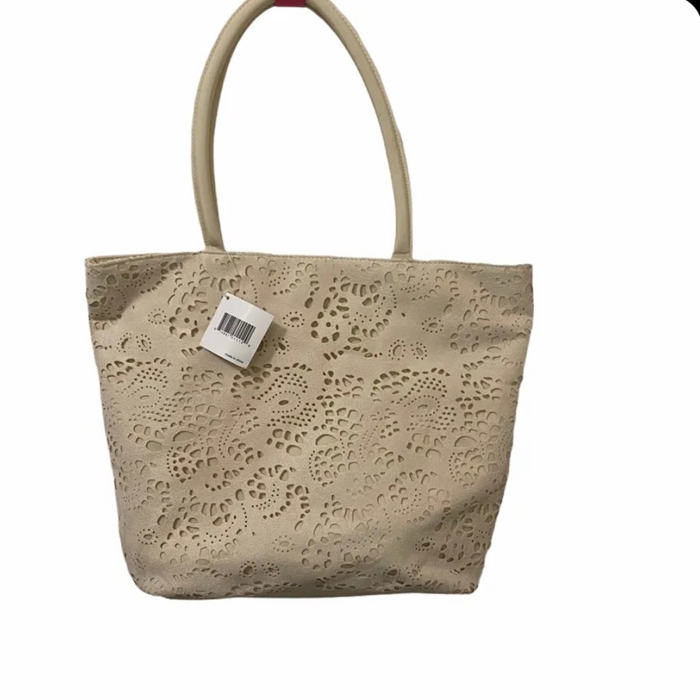 Nordstrom Womens Tote Bag Cream Off-White Beige Openwork Suede Fabric Feel